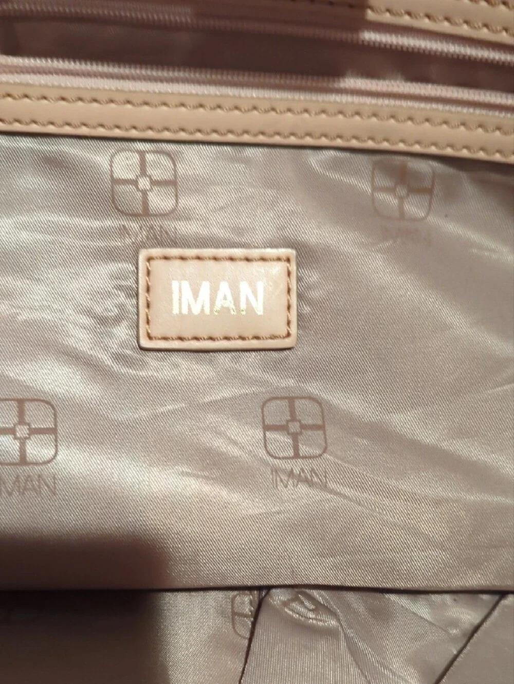 IMAN Black Patent Tote with Tan Handles and Gold Charm